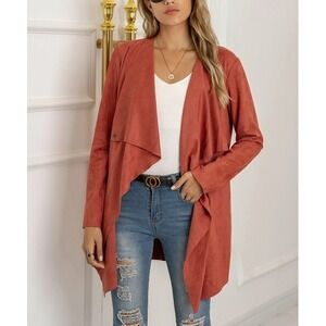 Suvimuga Women's Orange Drape -Front Open Cardigan Long Sleeves Size large